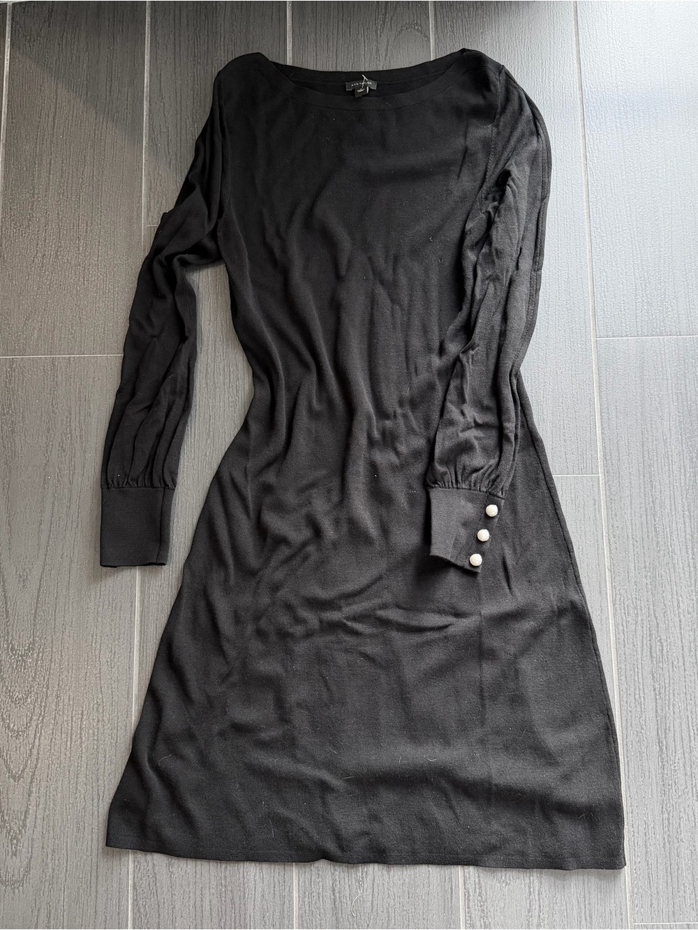 Ann Taylor Black Knit Long-Sleeve Dress with Pearl Cuffs
